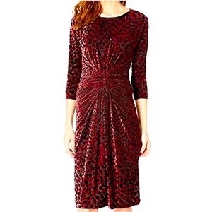 Long sleeves red velvet cheetah print cocktail dress